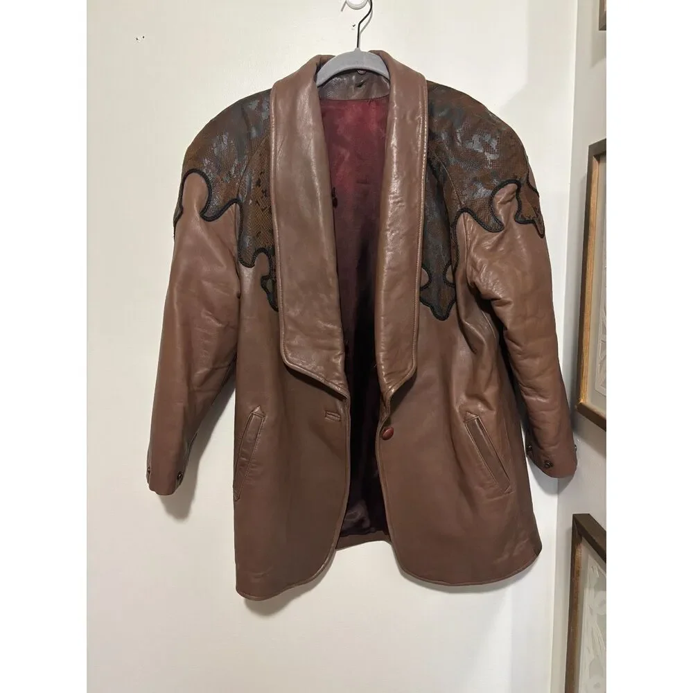 Vintage Western Faux Leather Coat Brown Yoke Blazer 80s Oversized Large Cowgirl - Picture 3 of 10